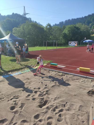 Ein großer Außenbereich bestehend aus Sand im Vordergrund und einem roten Sportplatz mit sportlichen Einrichtungen im Mittelgrund, umgeben von Wäldern