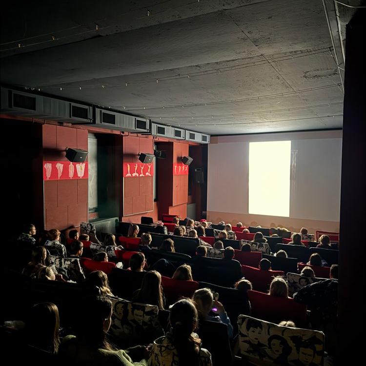 Voll besetzter Kinosaal von hinten mit beleuchteter Leinwand